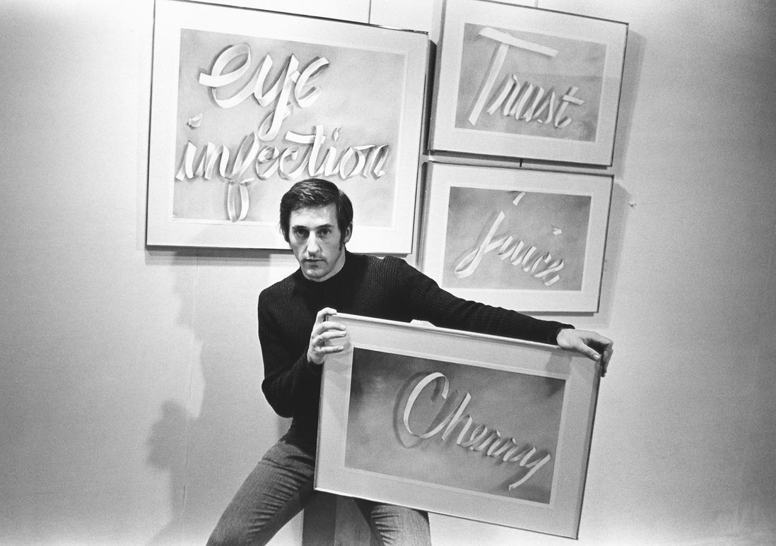 Artist Ed Ruscha with some of his “gunpowder ribbon drawings”, December 9, 1967<br/>